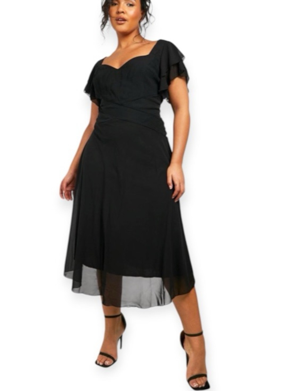 Boohoo Elegant  Black Plus Occasion Angel Sleeve Chiffon Midi Midi Dress Size 22